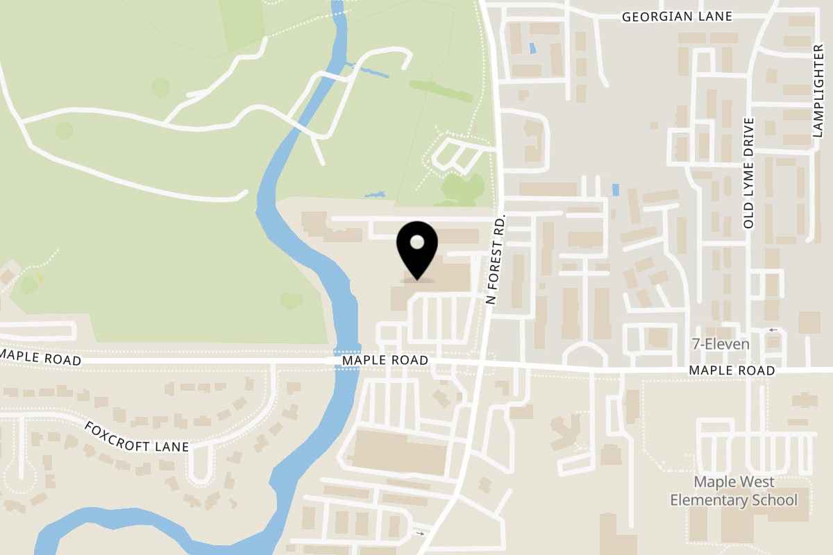 Map showing the location of Pizza Works Etc on 712 Maple Rd at in Buffalo